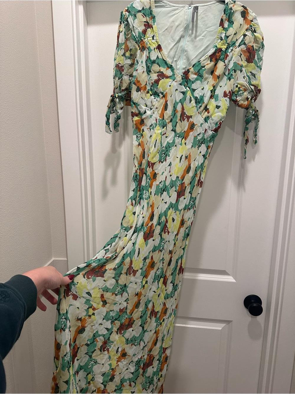 Anthropologie Floral Tie-Sleeve Midi Dress in Green, Yellow & Orange